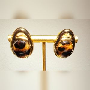 Leopard print cabochon domed gold handle pierced earrings